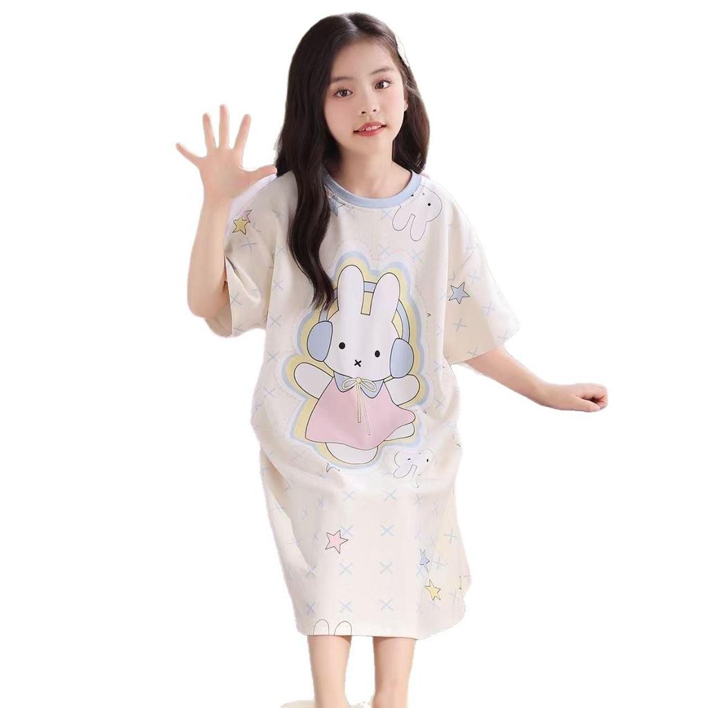 Cartoon Style Girls' One-Piece Summer Nightgown - Thin, Cute, Soft for Medium/Older Kids, Ideal for Home Air Conditioning.