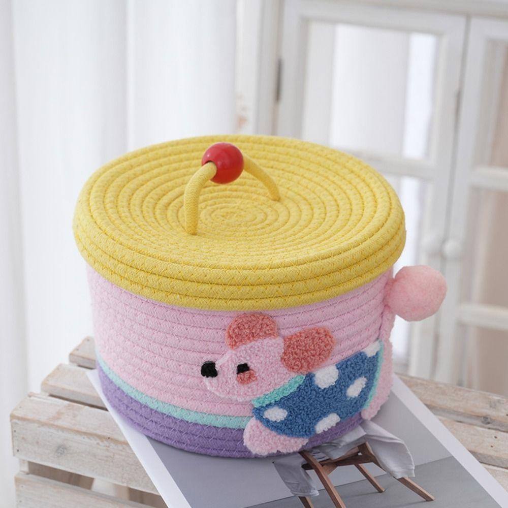 Cartoon Cotton Rope Storage Basket Round with Cover Hand Gift Box Decorative Dachshund Pattern Hand Woven Basket Home Decoration