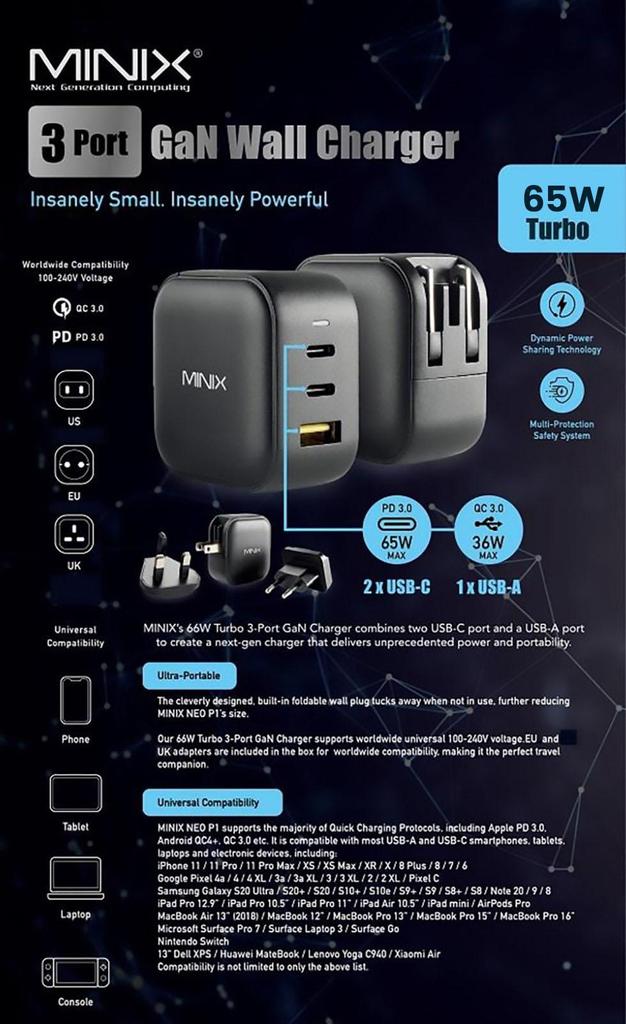 MINIX P1 65W 3-Port GaN Wall Charger with Multi-Protection Safety System