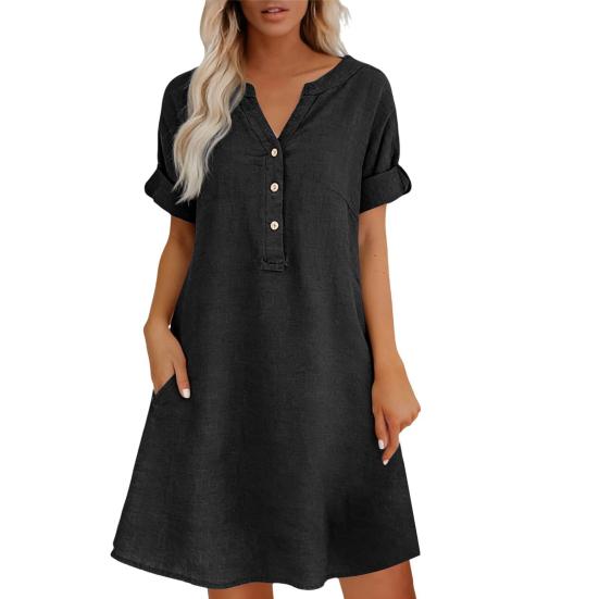 Soft Blended Fabric Dress Summer Short Sleeve for Women, Casual Button Up V Holiday Neck A-line Dress, Flowy Beach Vacation Sundress with Pockets