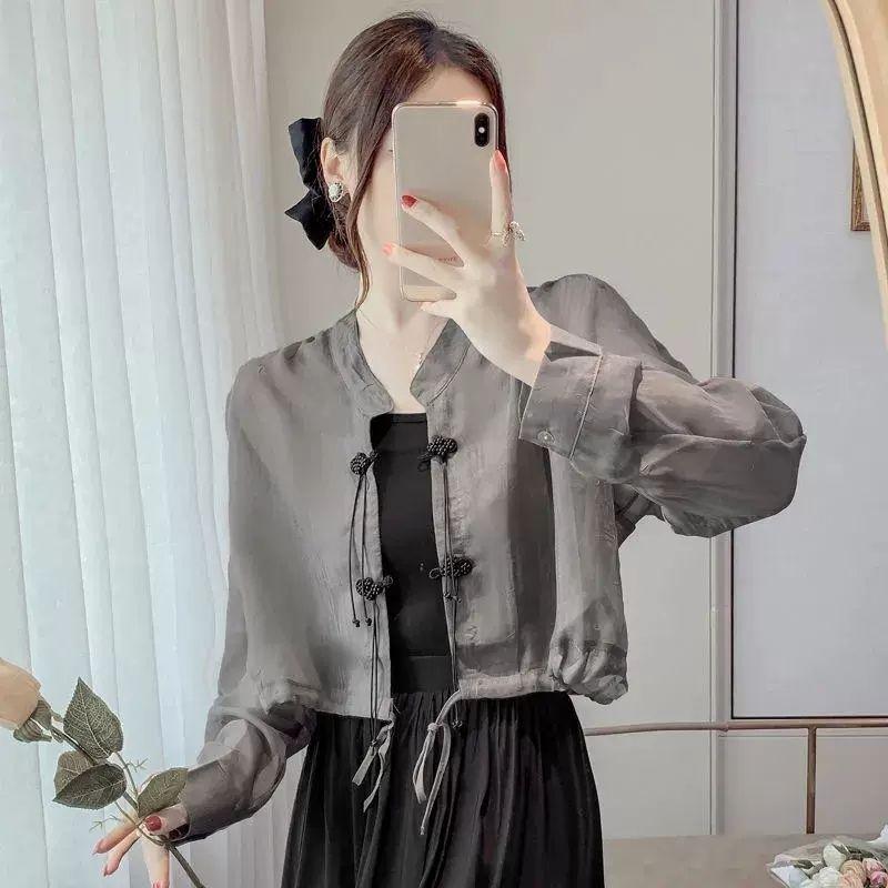 

Летняя легкая куртка, похожая на шелк, шифоновая солнцезащитная блузка, женская модная ретро-топ с длинным рукавом на пуговицах, с чувством дизайна L