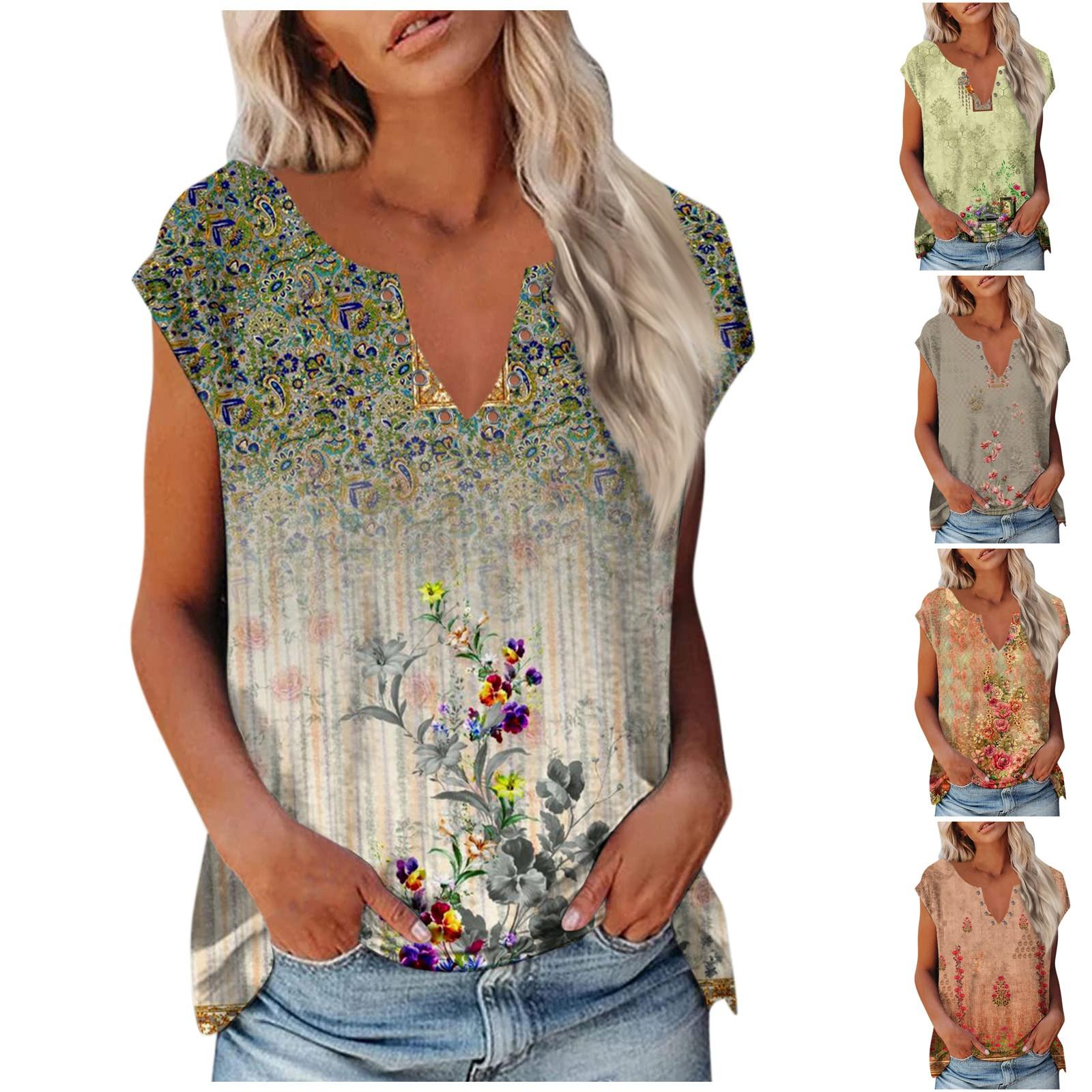 

Летняя мода, повседневная футболка в стиле бохо с цветочным принтом, повседневная футболка с коротким рукавом и v-образным вырезом, пуговицы, блузка, топы для женщин