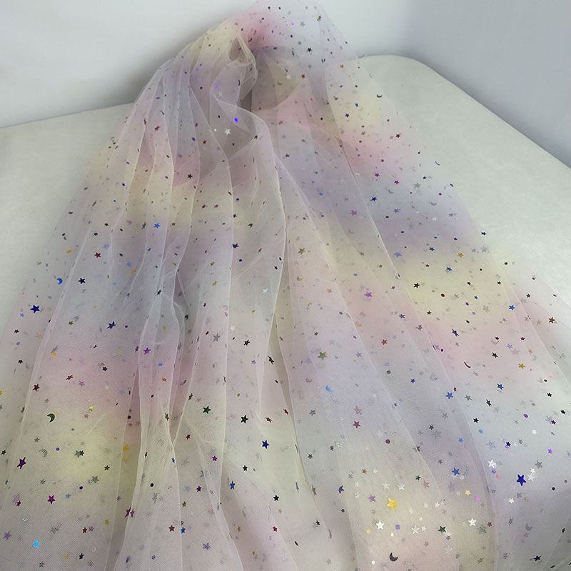 Gradient Rainbow Tulle Fabric Star Sequin By The Meter for Dress Hanfu Wedding Package DIY Sewing Cloth Soft Thin Draping Blue
