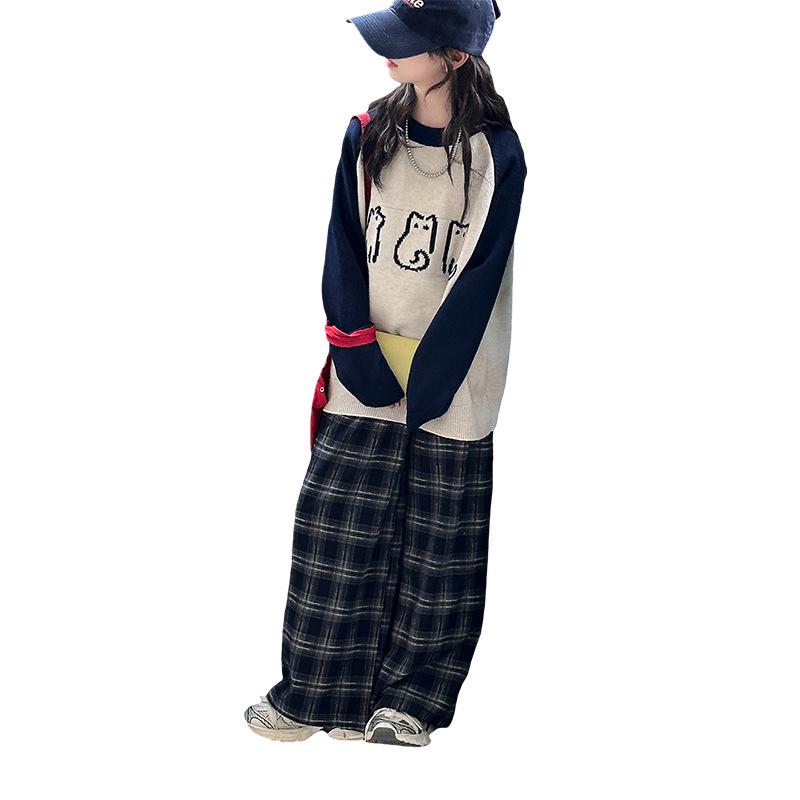 

Girls Colorblock Kitten Sweater - 2025 New Stylish Knitted Wool for Autumn/Winter, Casual Wear for Middle to Big Kids 150cm абрикосовый