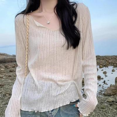 Pull Tricoté Uni à Col en V et Rayures sur les Côtés pour Femme en Été Coupe Ample et Ajustée Maillot Fin Couvrant avec Haut Décontracté pour Femme