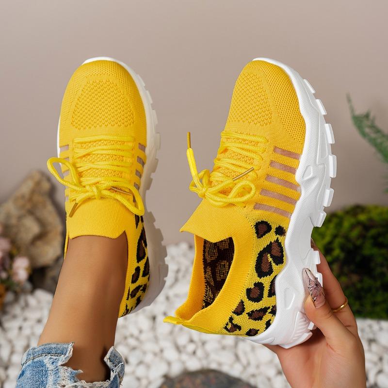 Women's Breathable Knit Mesh Casual Sports Shoes, Round-Toe Wave-Sole Leopard-Print Style, Available In Large Sizes.