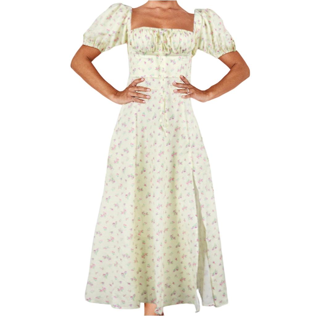 Women's Summer V-neck Flower Floral Print Pocket Short Sleeve Dress