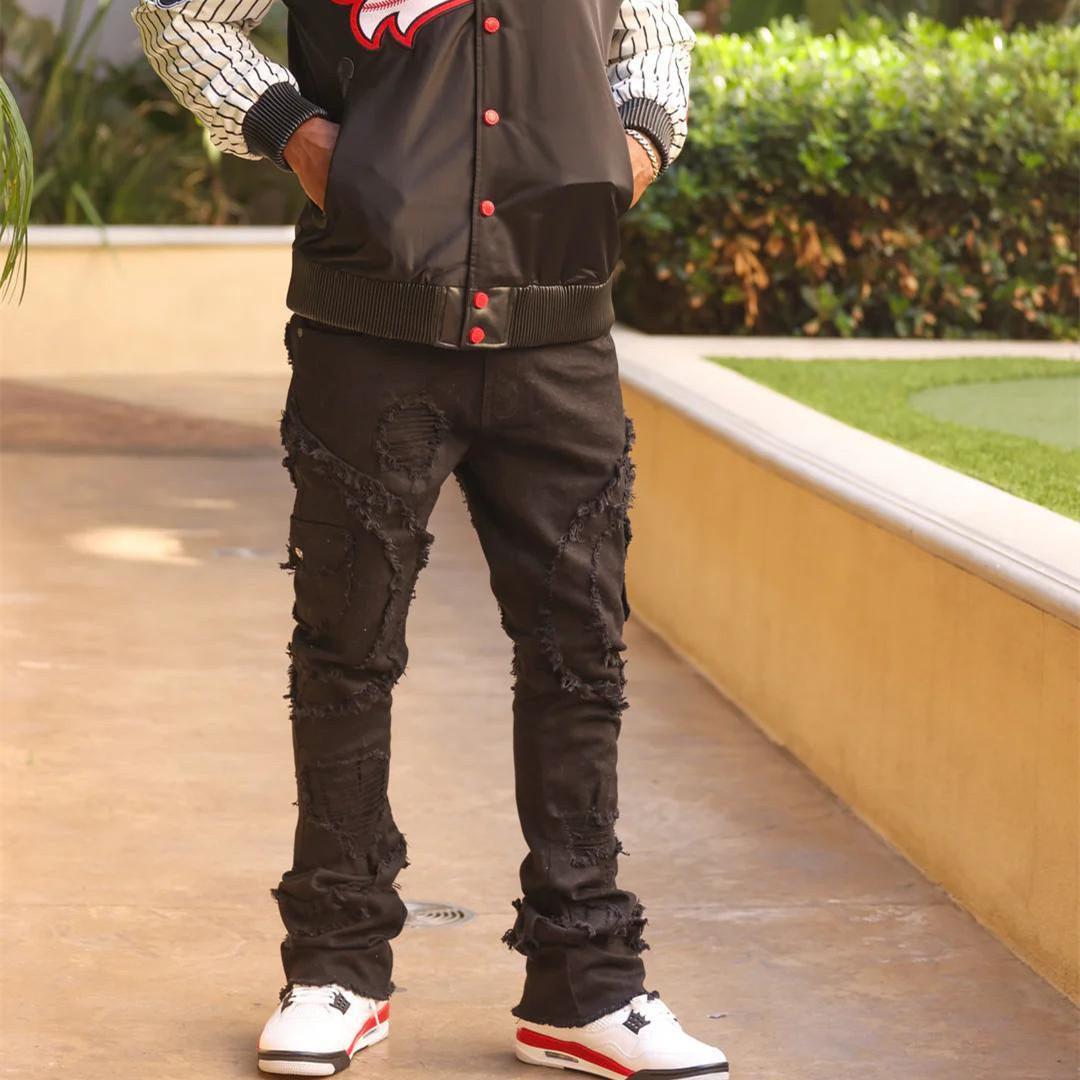 

Men Ripped Stacked Jeans Distressed Slim Fit Skinny Straight Leg Jeans Fashion Hip Hop Denim Pants Casual Streetwear XXL