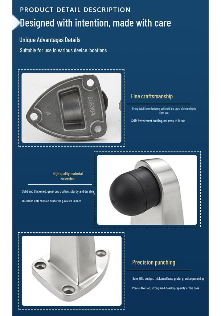 304 Stainless Steel Triangle Door Stopper with Anti-Collision Rubber for Bathroom and Room Doors