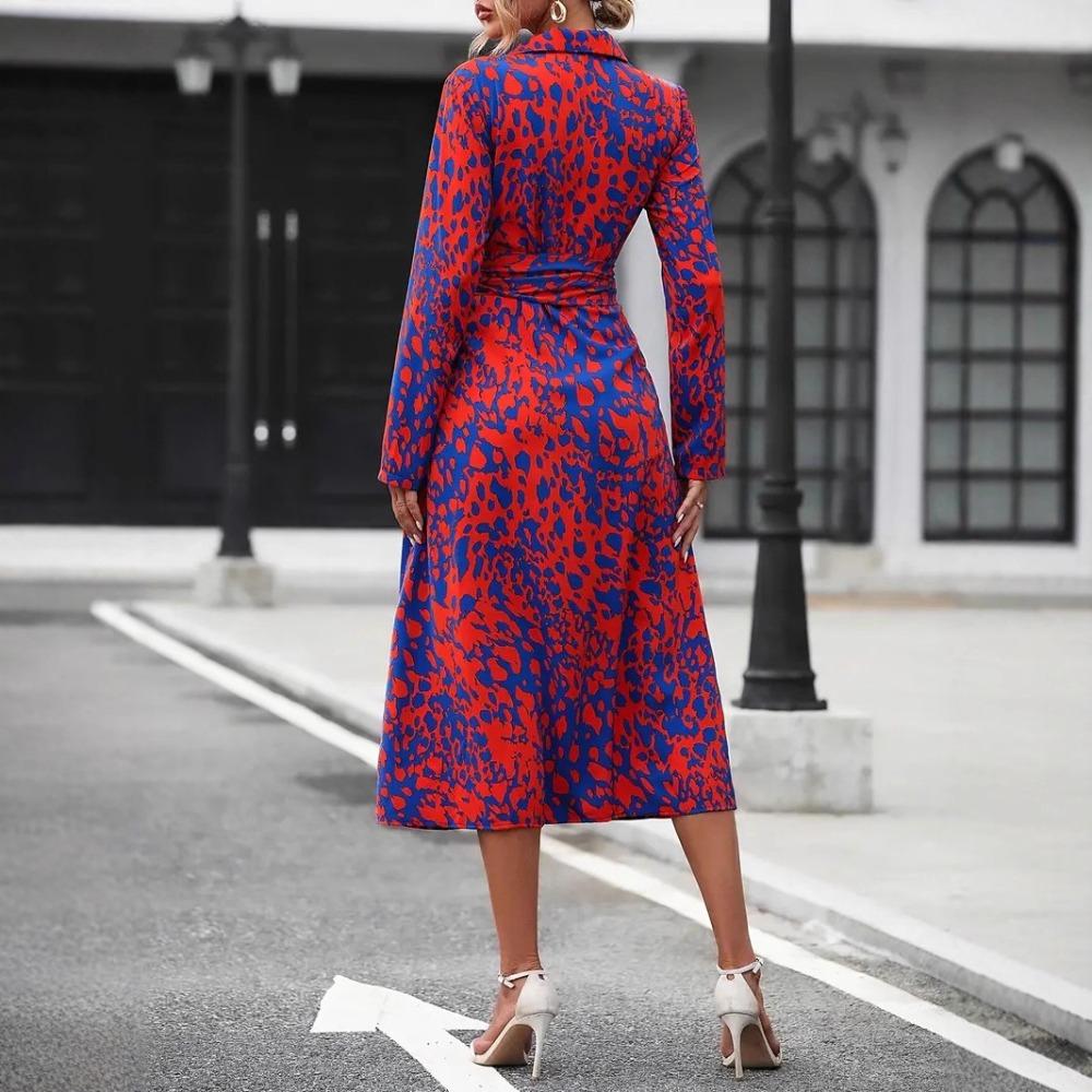 Women's Turn Down Collar Three Quarter Sleeve A-Line Maxi Dress High Waist Commuter Printed Shirt Midi Dress