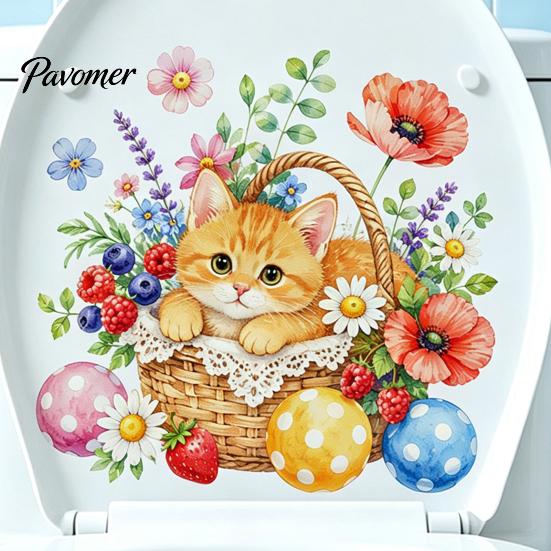 Decorative Stickers for Ceramic Tiles Cute Kitten Flower Basket Toilet Seat Sticker, Waterproof Lid Tank Wall Decals, Self-Adhesive PVC Bathroom