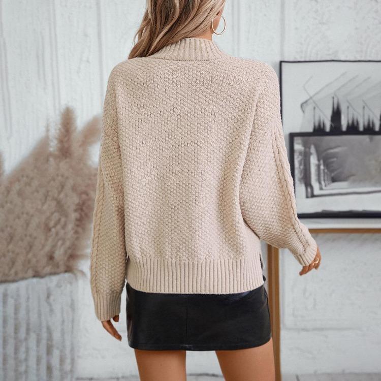 Vintage Loose Stand Collar Knitwear Sweater Long Sleeve Solid Color Pullover Top for Autumn Winter