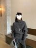 2025 Retro Grey Knit Turtleneck Batwing Sleeve Sweater for Women