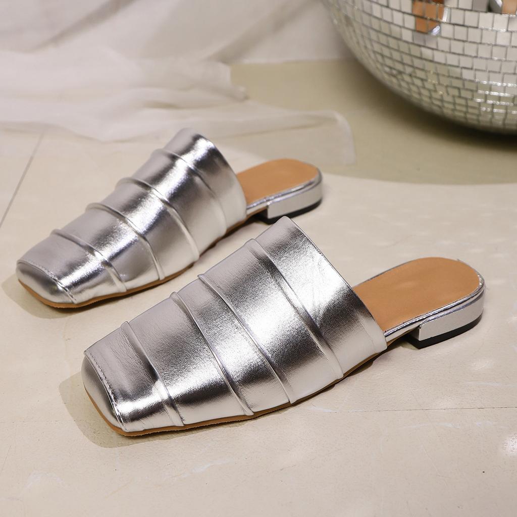 Coarse Heel Niche Pleated Bag Head Half Slippers Women's 2025 Spring and Summer Square Head Low Heel Muller Shoes Foreign Trade Large Size Drag