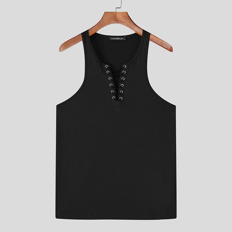 

INCERUN Men Sleeveless Lace-up Casual Fitted Tank Tops Undershirts S чёрный