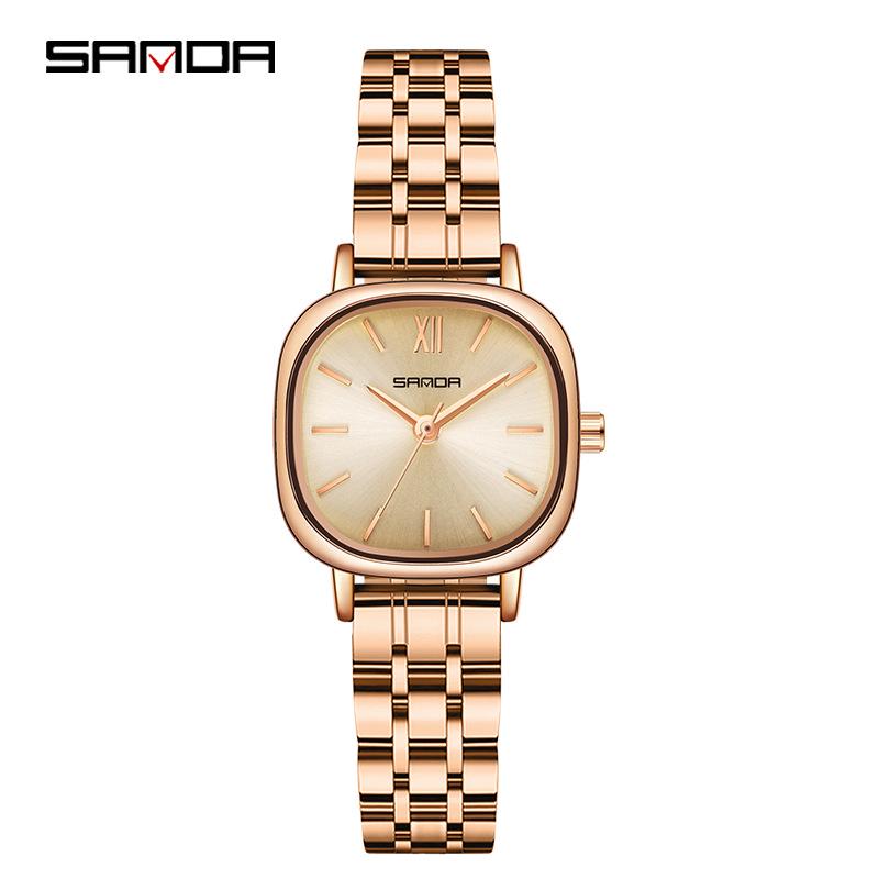 Sanda Ladies' Small Square Steel & Leather Quartz Watch