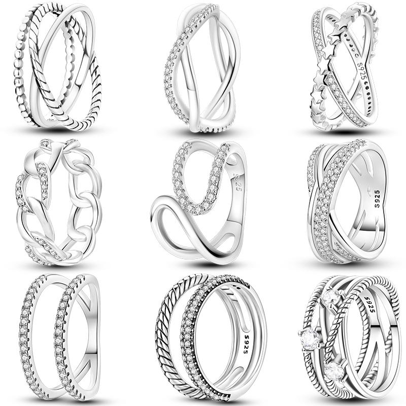 Rings For Women 925 Silver Sparkling Zircon Minimalist Geometric Star X Rings Romantic Wedding Engagement Valentine Jewelry Gift