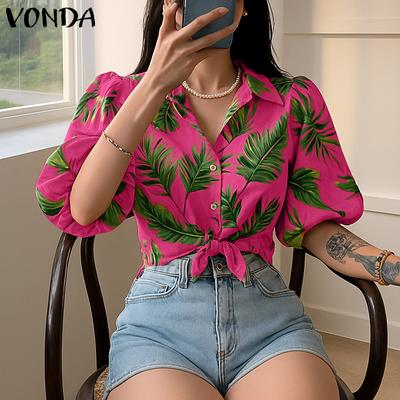 Summer Women Lapel Neck Puff Sleeve Twisted Print Hawaiian Casual Blouse