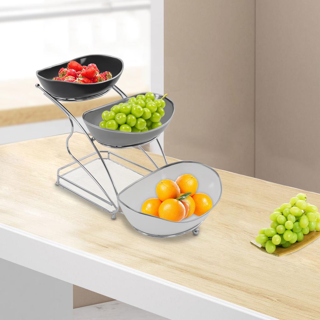 3-Tier Ceramic Fruit Snack Serving Bowl Set, Modern Tiered Fruit Display Stand with Acrylic Base, Iron Frame for Kitchen, Party