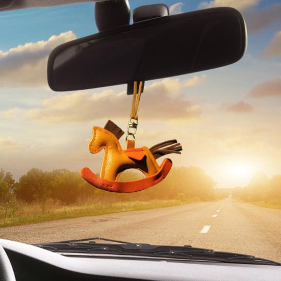 Cute Pony Pendant Car Rearview Mirror Charm Elegant Faux Leather Hanging Ornament for Car
