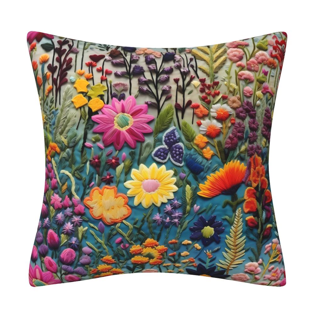 Vibrant 3D Printed Wildflower Meadow–Colorful Boho Floral Decorative Throw Pillow Cover Cotton Linen Cushion Cover