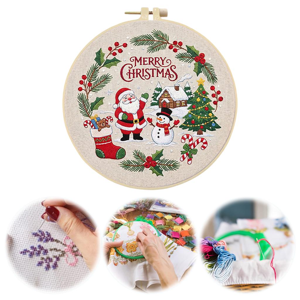 Christmas Embroidery Craft Set DIY 30x30cm Cotton Printed Fabric with 20cm Hoop Thread Needle Beginner Kit