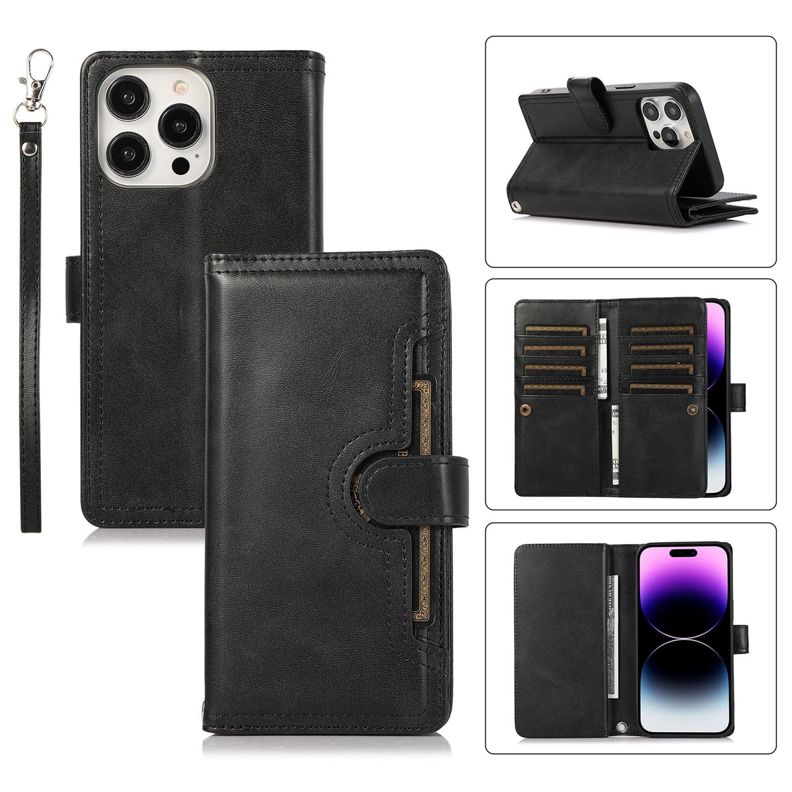 

For iPhone 16 Pro Case Split Leather Magnetic Wallet Phone Protector with Wrist Strap A
