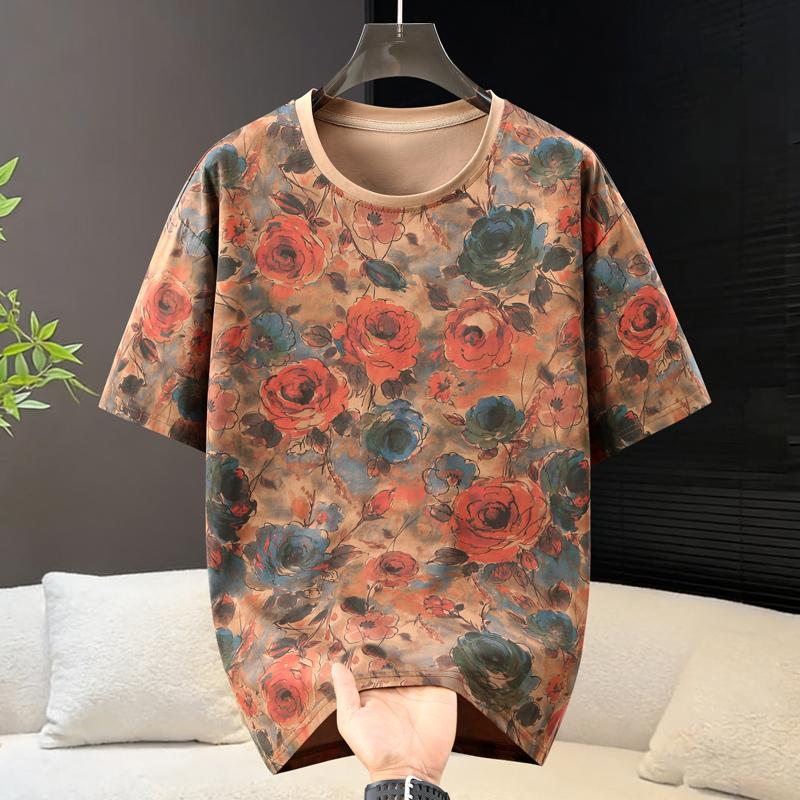 Men s Plus Size Vintage Floral Print T-Shirt, Short Sleeve Casual Tee (5XL-13XL) 5XL(90kg-100kg)