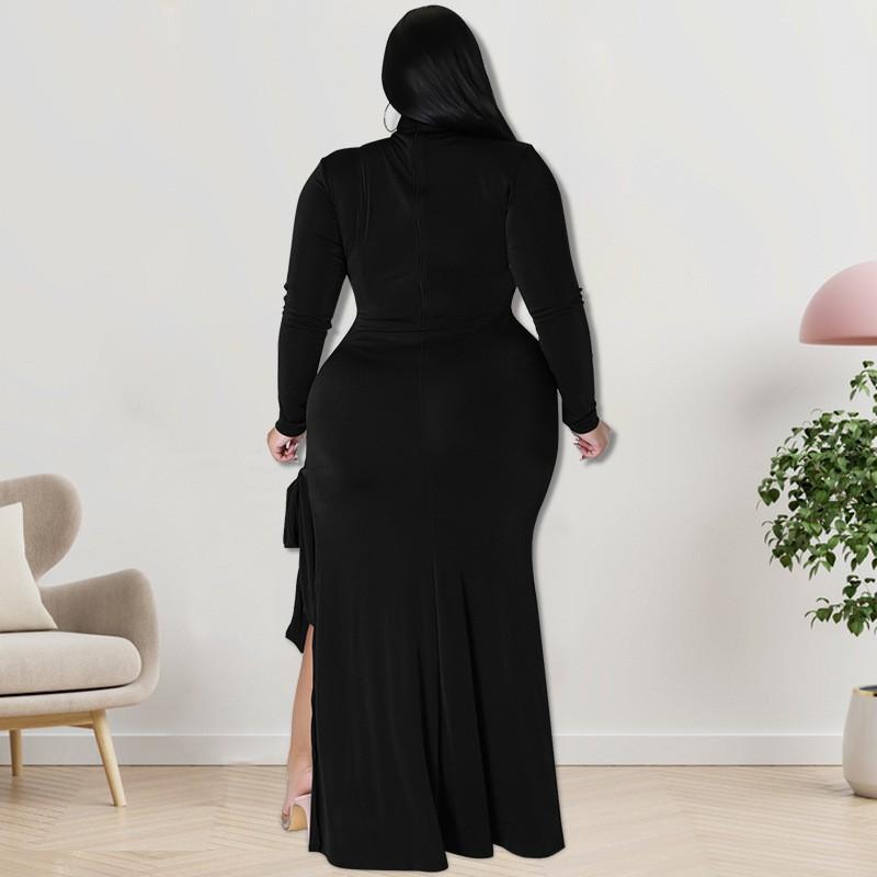 Plus Size Womens Long Sleeve Knit Dress With Zipper Tie Detail Irregular Hem Midi To Maxi In Solid Colors