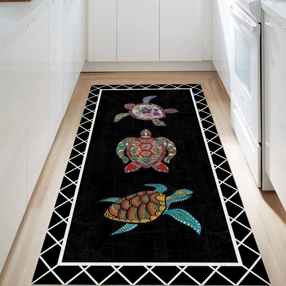 Turtle Kitchen Rug, Colorful Mandala Design Rug, Non-Slip Base Washable Runner, Runner Rug