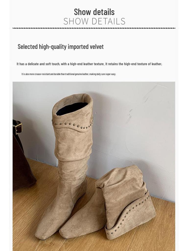 Lammleder Französische Nische Spitz Zehen Keilabsatz Slouch Cowboy Stiefel Damen 2025 Hohe Stiefeletten