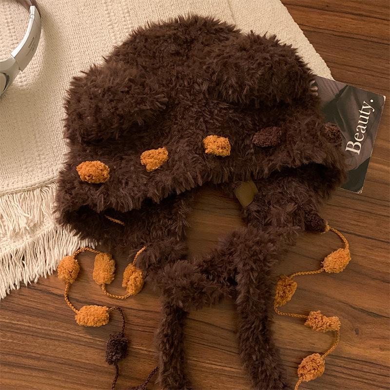 Căciulă caldă de pluș cu urechi de ursuleț și pisică, cu fundă, pentru femei – Protecție pentru urechi de toamnă/iarnă cu design cu față deschisă