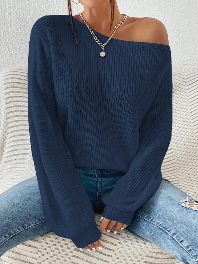 European and American style slanted shoulder one-word neck knitted sweater loose and lazy off-the-shoulder solid color long-sleeved sweater women