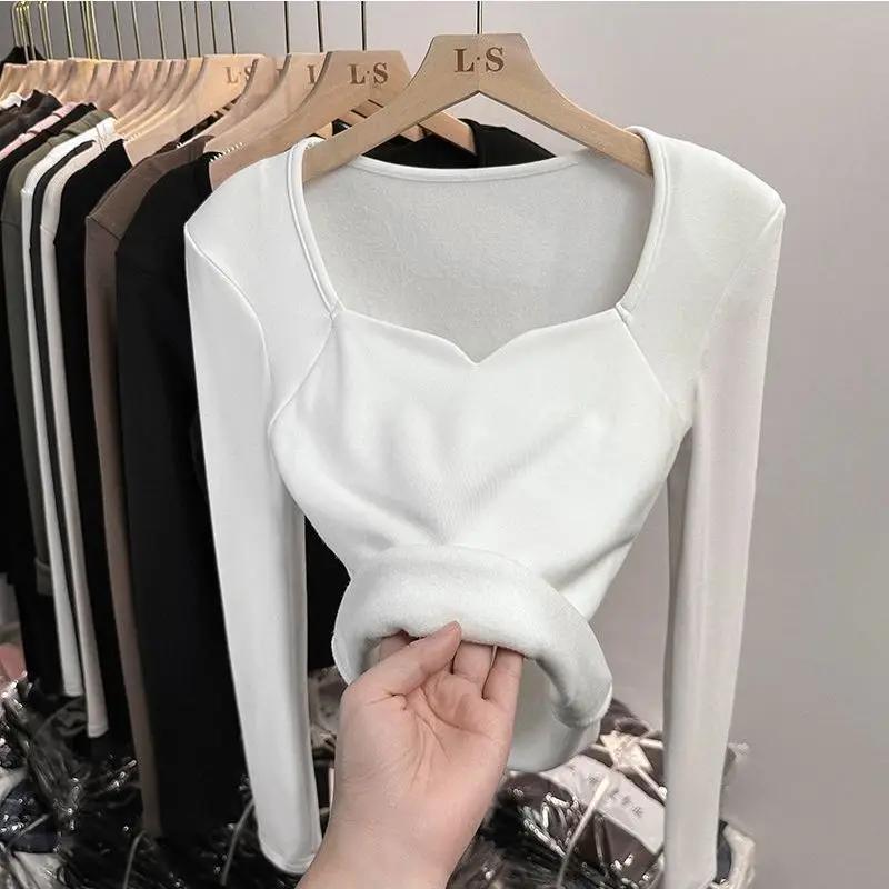 

Autumn Winter Sanding Long Sleeve T Shirt Women s Plush Square Neck Short Warm Matte Autumn Clothing XL білий