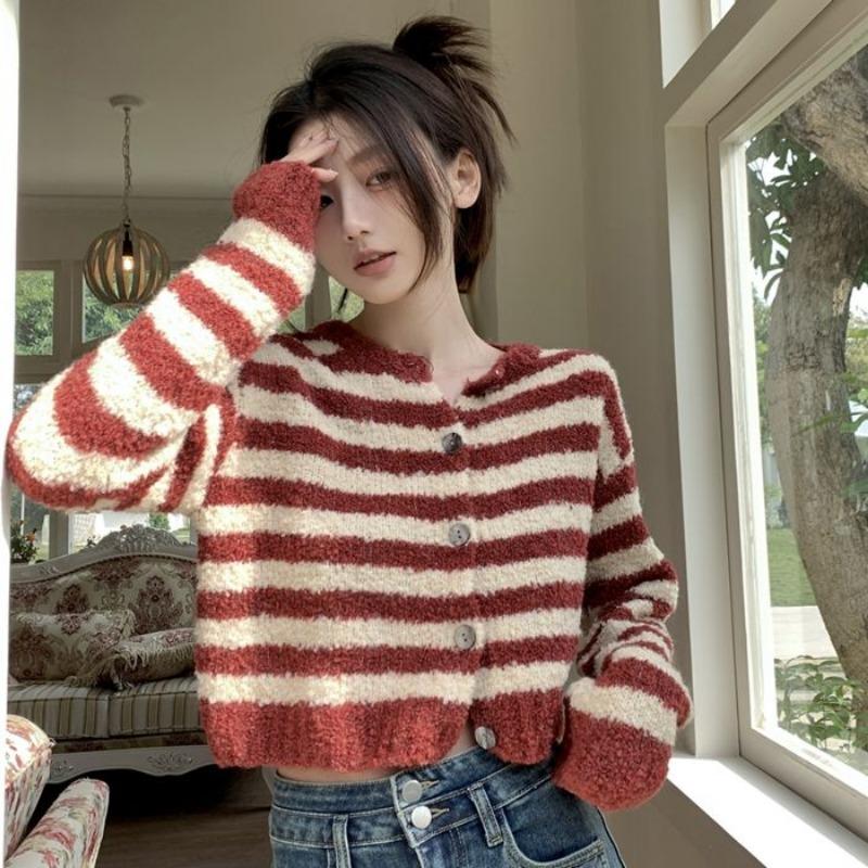 Strikket cardigan genser kvinner liten o-hals genser allsidig 2023 våren langermet late stripe genser cardigan kvinne topp