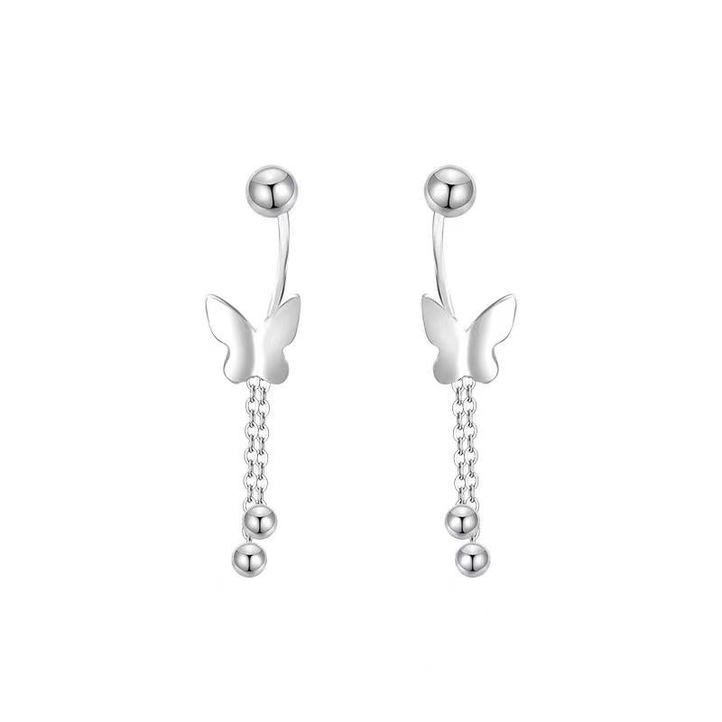 S999 Silver Butterfly Tassel Earrings: High-End, Luxurious Dangle Design with Screw Fastener - 2023 Trend