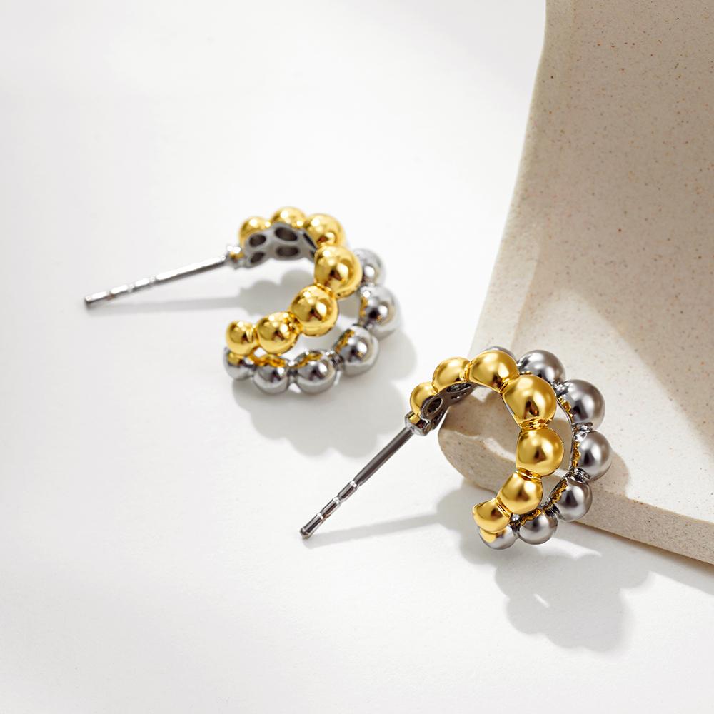 Personalized Double Layer Small Beads Ball C Shape Hoop Earrings for Women Gold Silver Color Stainless Steel Chic Jewelry Trendy