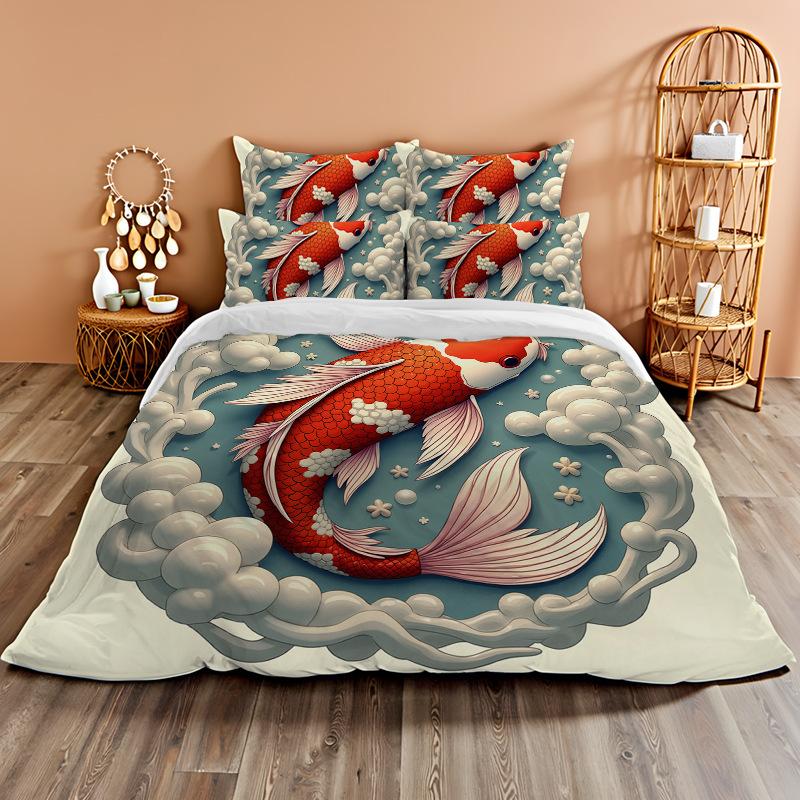 3D Digital Printing Bedding Two Or Three Piece Set Koi Polyester Quilt Cover