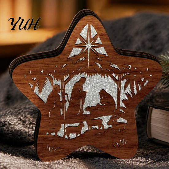 Festive Home Decor 3D Wooden LED Christmas Night Light, Hollow Carved Tabletop Seasonal with Warm Glow, Holiday And Office Decoration Light Lamp