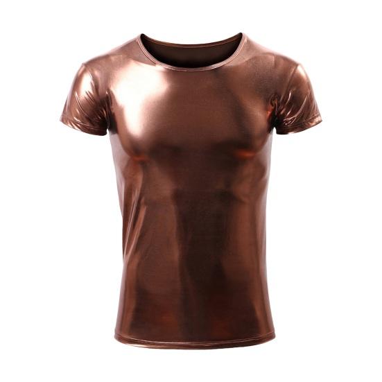 

Летняя мужская футболка с глянцевой поверхностью, бронзовая, облегающая, с круглым вырезом, однотонная, с короткими рукавами, пуловер, вечерние, клубные, для выступлений, танцевальная уличная одежда, топ XL кофейный