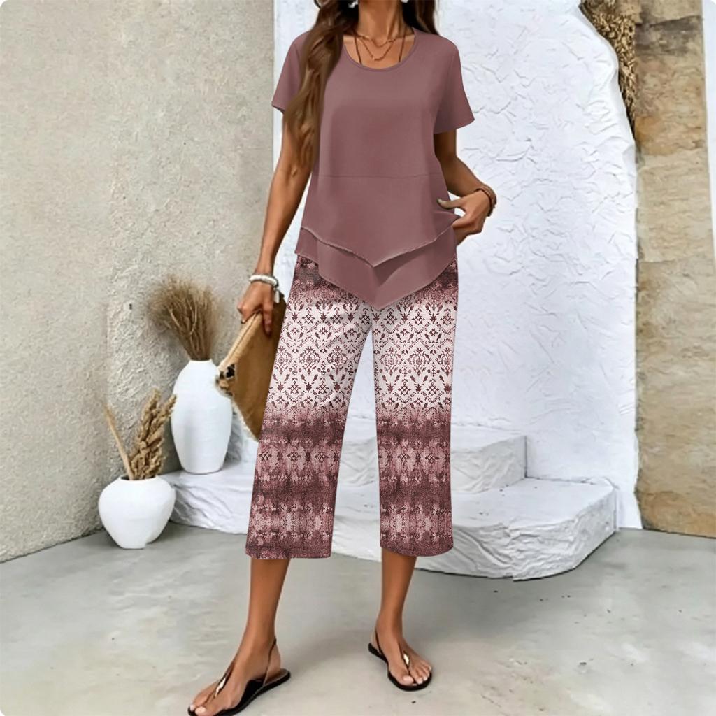Women's Casual Short Sleeve Printed T-Shirt and Pants Set - Round Neck Summer Top with 3/4 Length Bottoms - Fashionable Outfit for Women