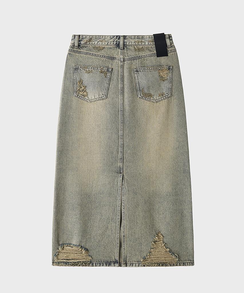 Noir For Woman Dirty Washed Distressed Long Denim Skirt (Dusty Gray)
