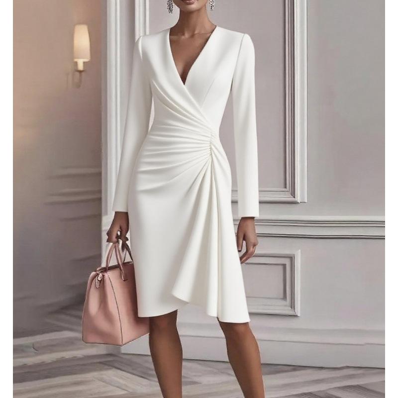 European and American New Models, Autumn Fashion Cross V-neck Waist Solid Color Long-sleeved Dress Women's Clothing