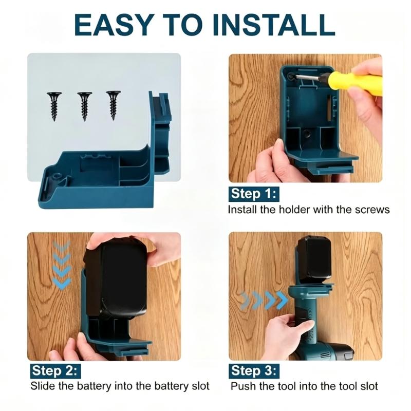 Power Tool Battery Mount 2 Pack, Molded Plastic Hangers With 2-Hole Backplates and Open-Front Access for Separate Removable Battery Storage Positions