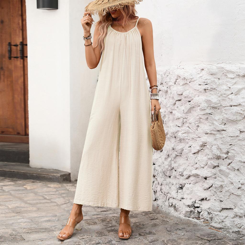 Damen Jumpsuit Lockerer Schnitt Verstellbare Spaghettiträger Weiter Bein Leichte Fließende Overalls für Freizeit