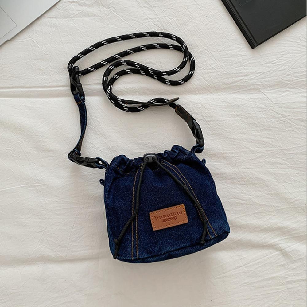 Large Capacity Drawstring Crossbody Bag Solid Color Jeans Shoulder Bag Denim Canvas Bag  Women