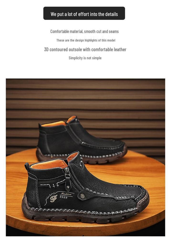 Men's Large Size Martin Boots - Casual Handmade Zipper Short Boots with Plus Velvet for Autumn and Winter