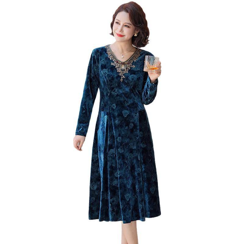 Elegant Slimming Dress for Middle-Aged Women - Flattering Long-Sleeve, Midi-Length Skirt, Stylish High-Grade Mother's Wear