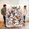 1 Piece of Comfortable and Cute Cat Animal Peony Flower Butterfly Noble Luxurious Elegant Theme Pattern Printed Flannel Blanket