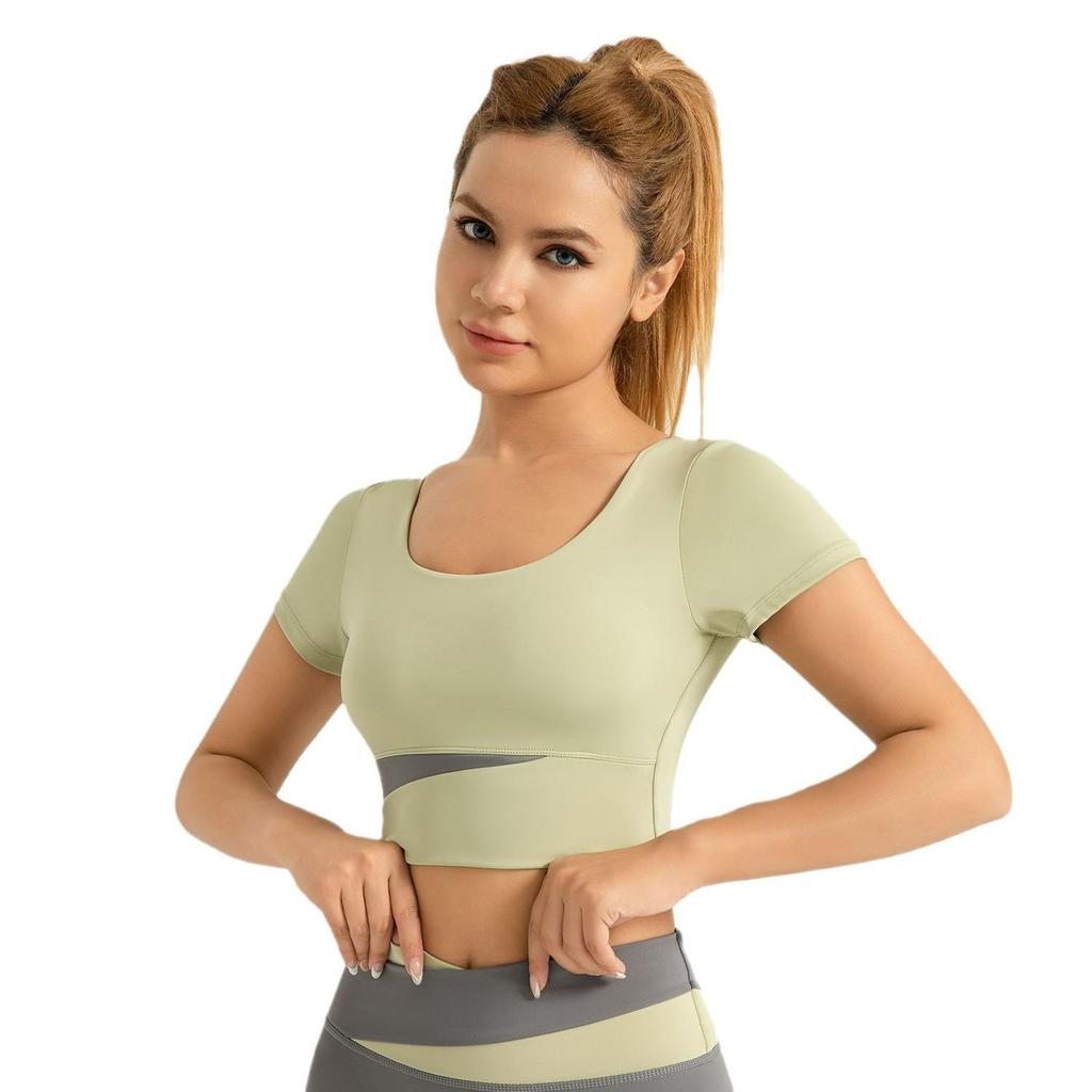 Juyitang Women's Yoga Set: Nude Navel-Baring Short Sleeve with Chest Pads, Color-Matched Fitness Wear.